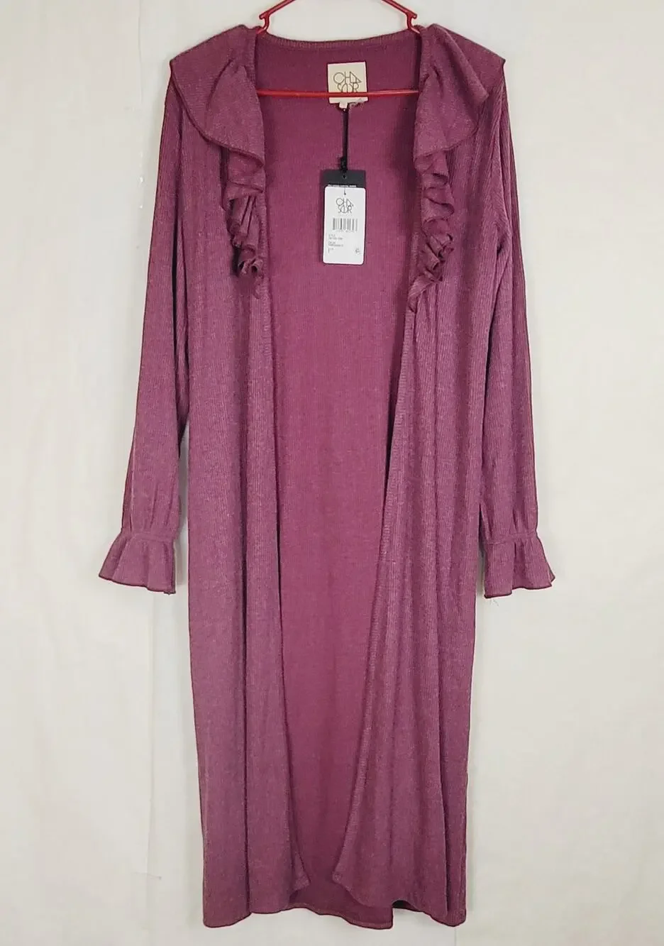 New Chaser pomegranate purple ruffled open front duster cardigan Size Small Boho